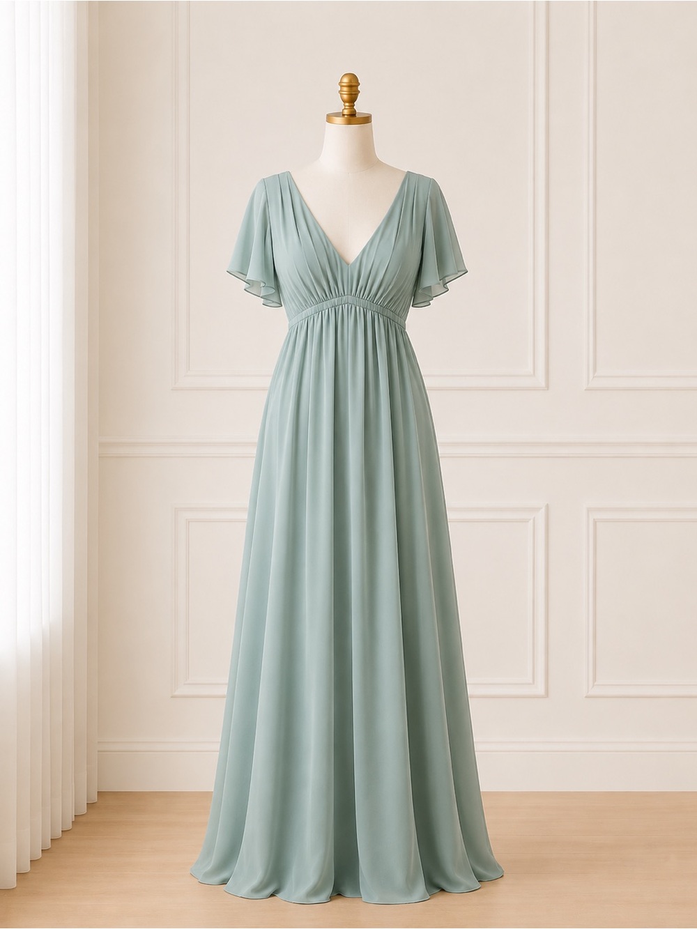 Show Me Your Mumu Emily Empire Maxi Dress Sage Green Flutter Sleeve Sz M NWT